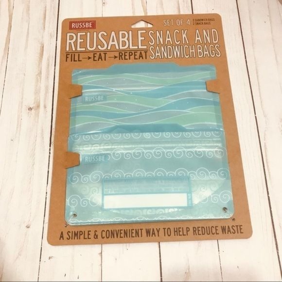 Russbe Reusable Snack and Sandwich Bags Set of 4 In Blue Wave Print - Picture 1 of 3